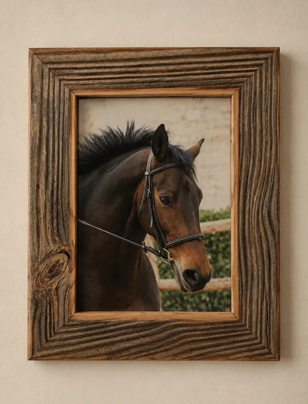 Cadre en vieux bois de grange encadrant un tirage photo de cheval, Atelier La Pradella