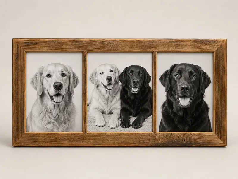 Cadre triptyque en vieux bois, trois portraits de chiens en noir et blanc
