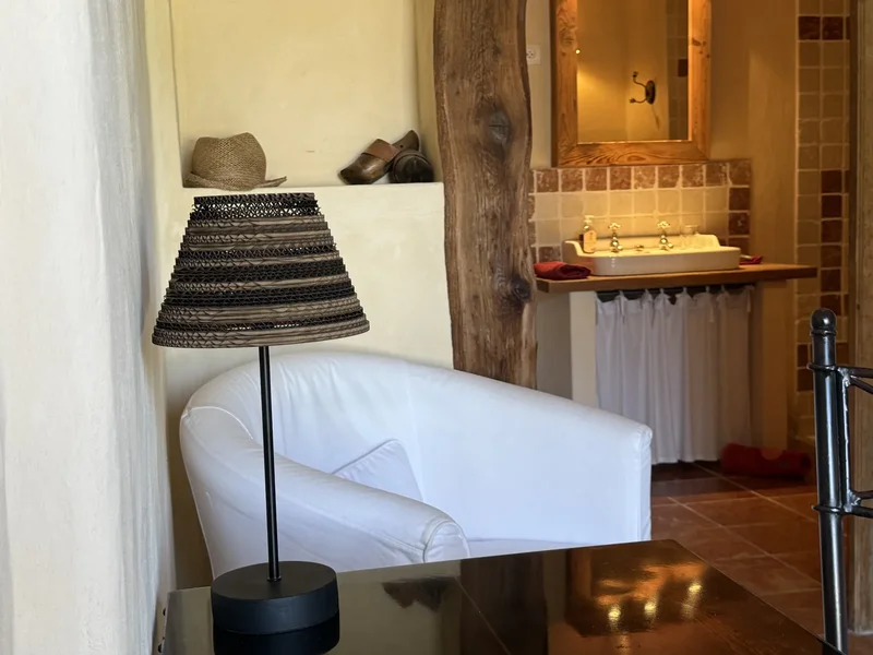 La Piscine : le coin salon, son fauteuil et la lampe en carton de l'Atelier, près de la salle d'eau