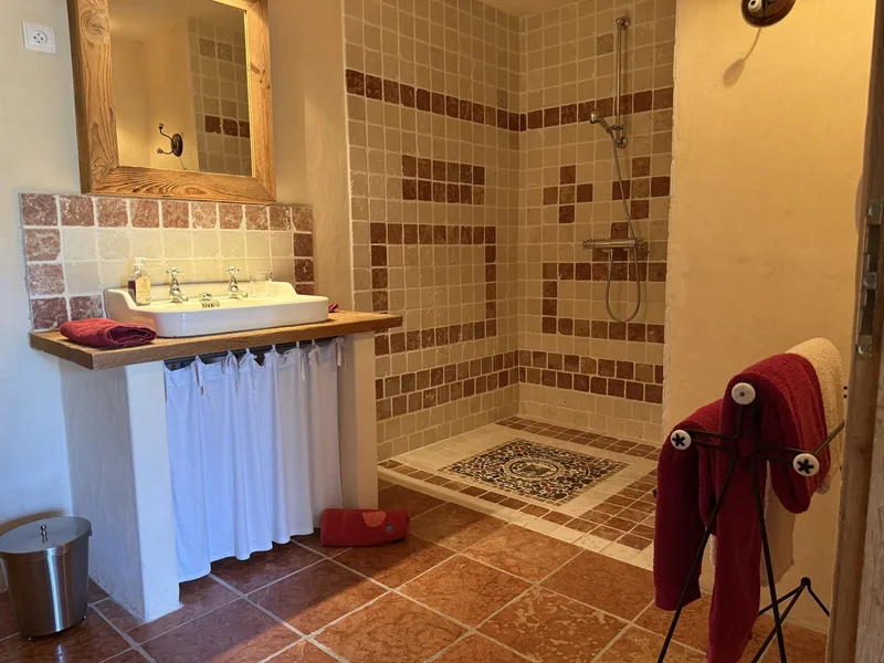 La Piscine : la salle d'eau, sa douche à l'italienne en mosaïque et sa vasque